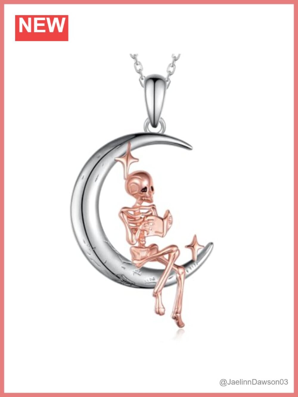 Sterling Silver Skeleton Moon Pendant Necklace Skull Gothic Jewelry Gift
